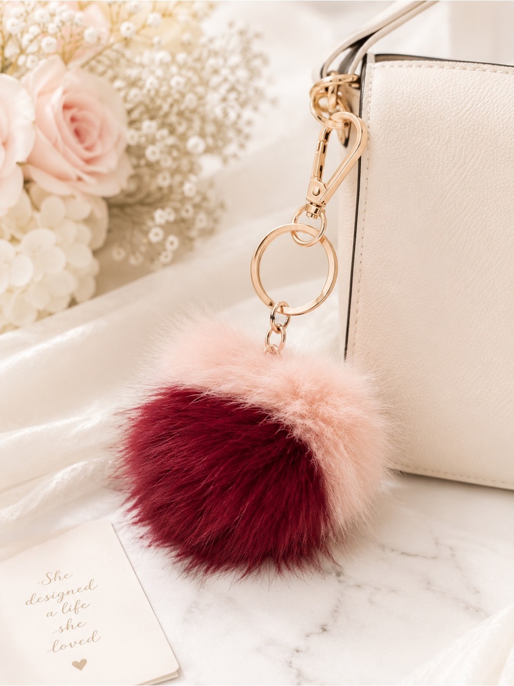 LC Lauren Conrad Pink & Wine Faux Fur Pom Keychain | Luxe Bag Charm Fob NWT